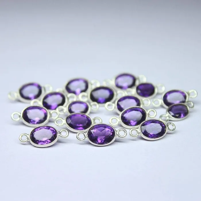 Beads Supplies USA Amethyst Oval Bezel Connector Station 925 Sterling Silver Loose Finding 4pc 13mm Rings
