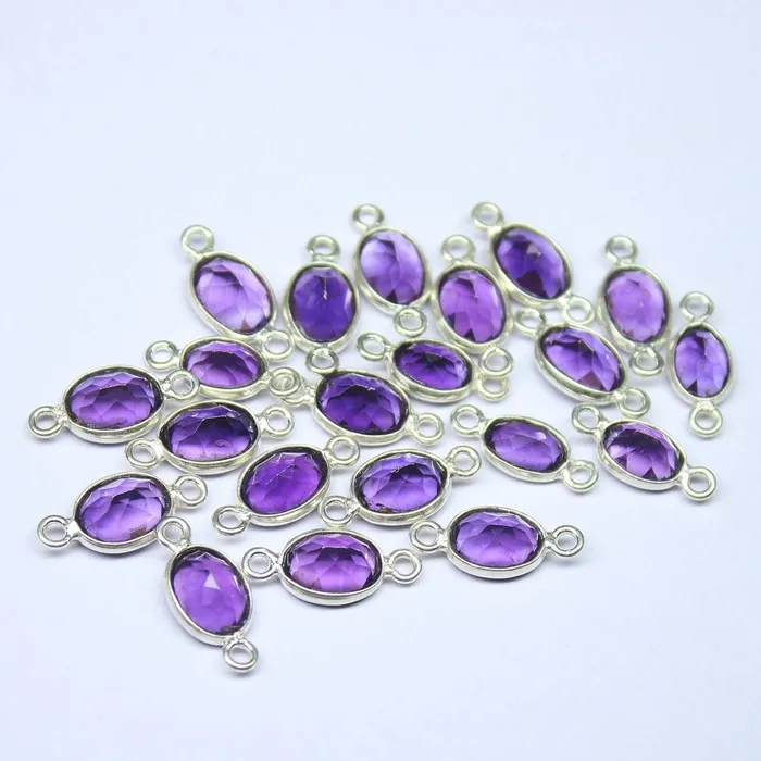 Beads Supplies USA Amethyst Oval Bezel Connector Station 925 Sterling Silver Loose Finding 4pc 13mm Rings