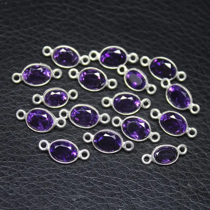 Beads Supplies USA Amethyst Oval Bezel Connector Station 925 Sterling Silver Loose Finding 4pc 13mm Rings