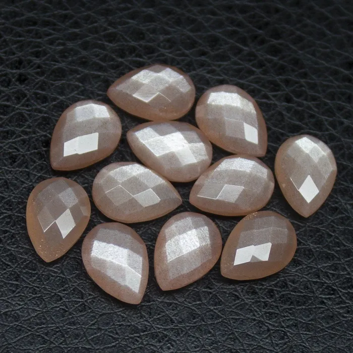 Beads Supplies USA Natural Peach Moonstone Checker Cut Pear Drop Side Drill Loose Gemstone Beads 8pc 10x7mm Earrings