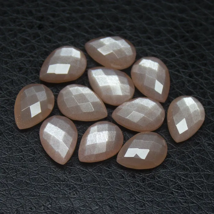 Beads Supplies USA Natural Peach Moonstone Checker Cut Pear Drop Side Drill Loose Gemstone Beads 8pc 10x7mm Earrings