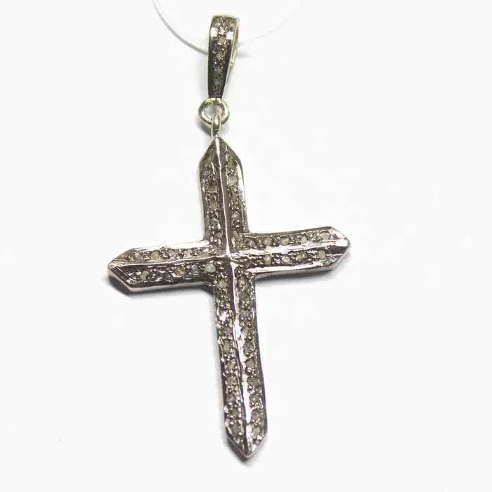 Beads Supplies USA Necklaces 1pc Holy Cross Pave Diamond 925 Sterling Silver Gold Vermeil Charm Pendant 48mmx25mm