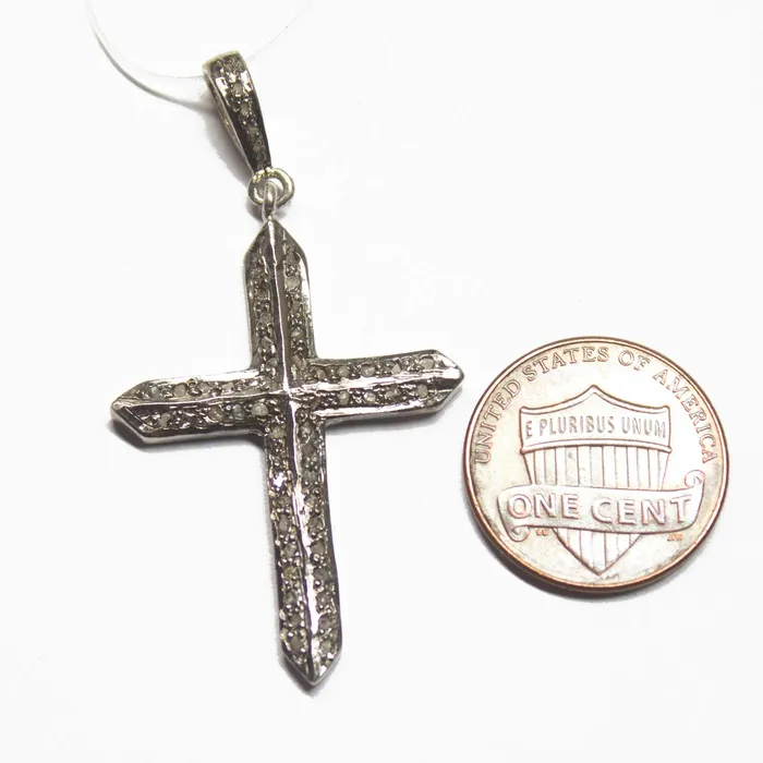 Beads Supplies USA Necklaces 1pc Holy Cross Pave Diamond 925 Sterling Silver Gold Vermeil Charm Pendant 48mmx25mm
