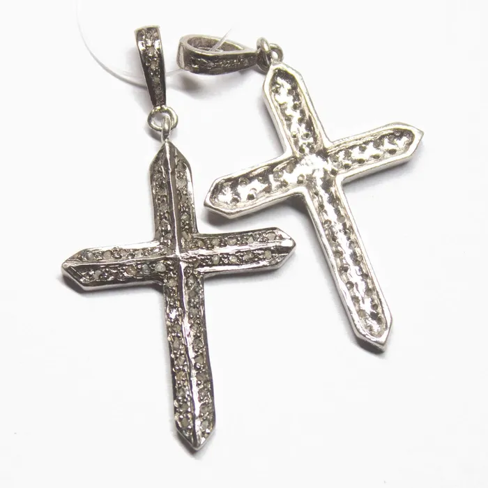 Beads Supplies USA Necklaces 1pc Holy Cross Pave Diamond 925 Sterling Silver Gold Vermeil Charm Pendant 48mmx25mm