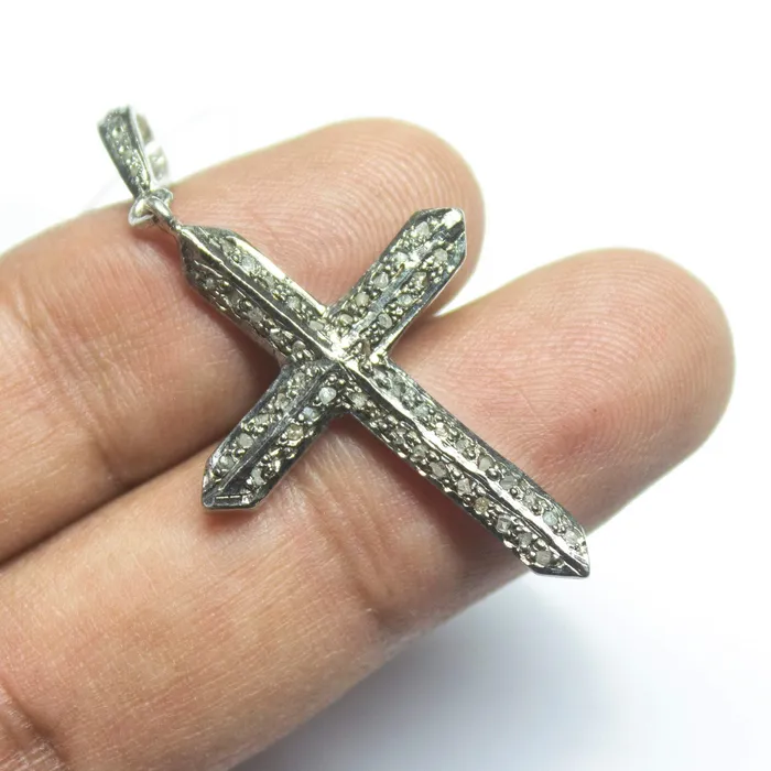 Beads Supplies USA Necklaces 1pc Holy Cross Pave Diamond 925 Sterling Silver Gold Vermeil Charm Pendant 48mmx25mm