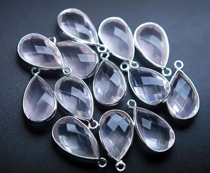 Beads Supplies USA Necklaces 925 Sterling Silver Natural Rose Quartz Faceted Pear Shape Connector 2 Piece Of 20mm