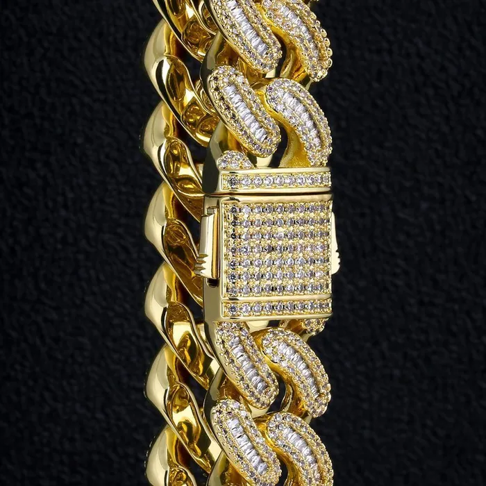 Bling Proud Bracelets 16mm Iced Out Baguette Cut Mens Cuban Link Bracelet in 14K Gold