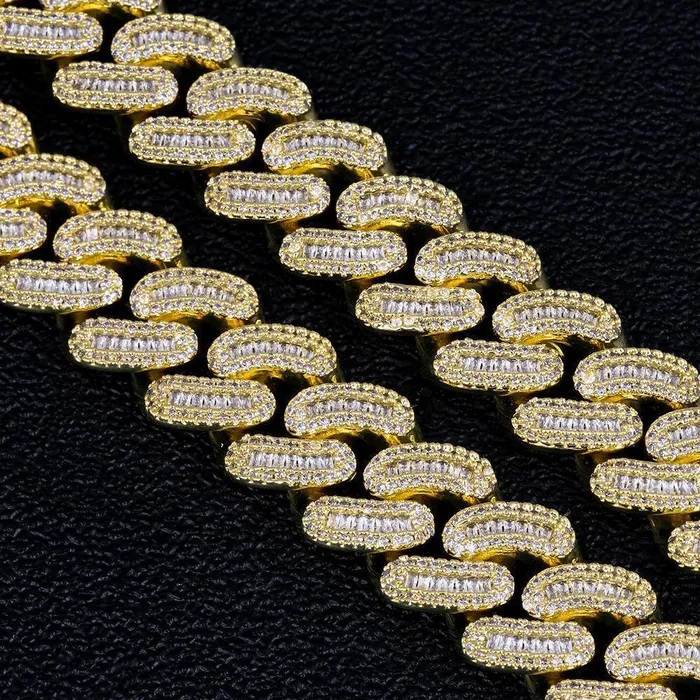 Bling Proud Bracelets 16mm Iced Out Baguette Cut Mens Cuban Link Bracelet in 14K Gold