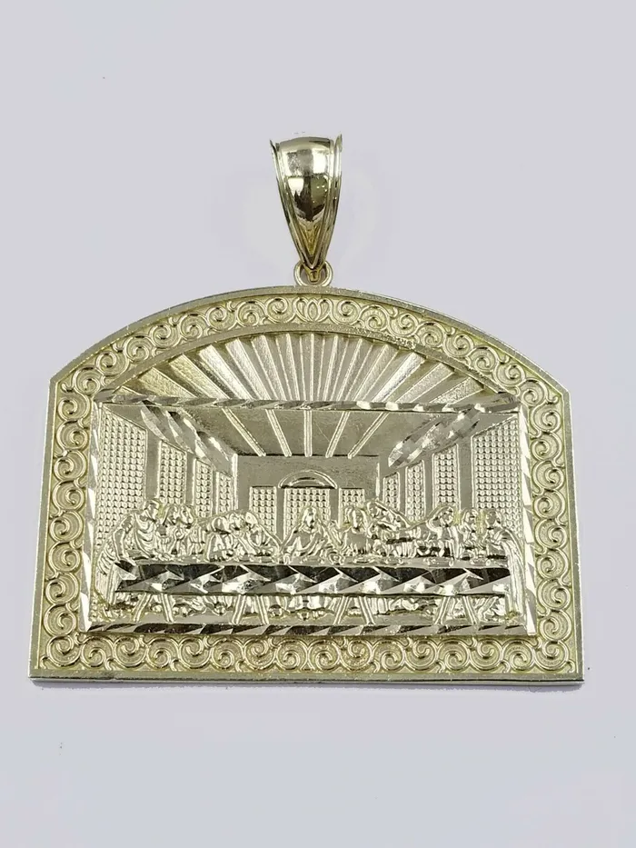 Charm Necklaces 10K Jesus Yellow Gold Last supper Diamond Cut Charm Pendant 2 Inches Real Gold and Diamond