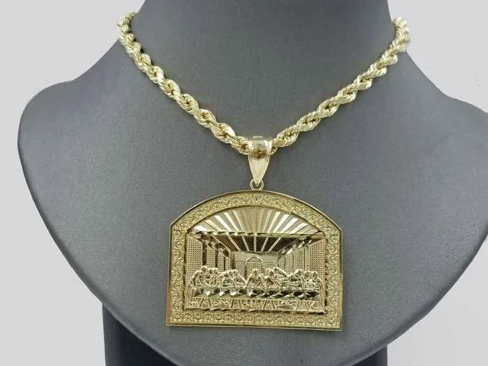 Charm Necklaces 10K Jesus Yellow Gold Last supper Diamond Cut Charm Pendant 2 Inches Real Gold and Diamond