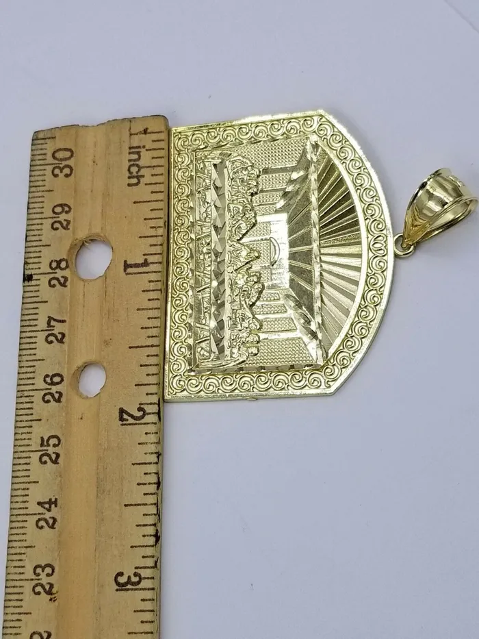 Charm Necklaces 10K Jesus Yellow Gold Last supper Diamond Cut Charm Pendant 2 Inches Real Gold and Diamond