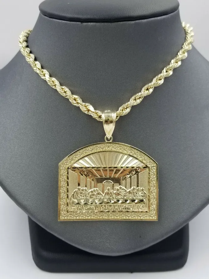 Charm Necklaces 10K Jesus Yellow Gold Last supper Diamond Cut Charm Pendant 2 Inches Real Gold and Diamond
