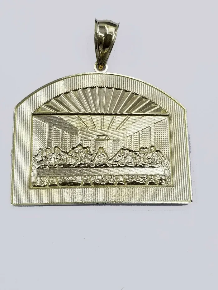 Charm Necklaces 10K Jesus Yellow Gold Last supper Diamond Cut Charm Pendant 2 Inches Real Gold and Diamond