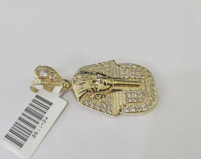 Charm Necklaces Gold and Diamond 10k Egyptian Pharaoh Head Charm Pendant Yellow Gold 15 Inch Men Women Real