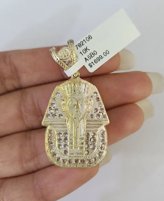 Charm Necklaces Gold and Diamond 10k Egyptian Pharaoh Head Charm Pendant Yellow Gold 15 Inch Men Women Real