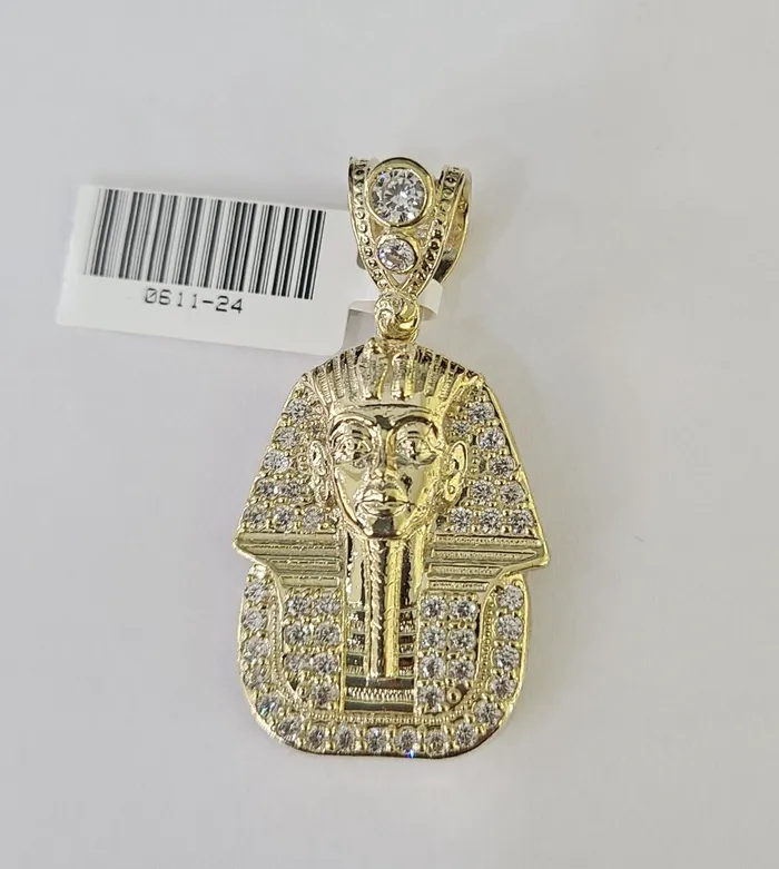 Charm Necklaces Gold and Diamond 10k Egyptian Pharaoh Head Charm Pendant Yellow Gold 15 Inch Men Women Real