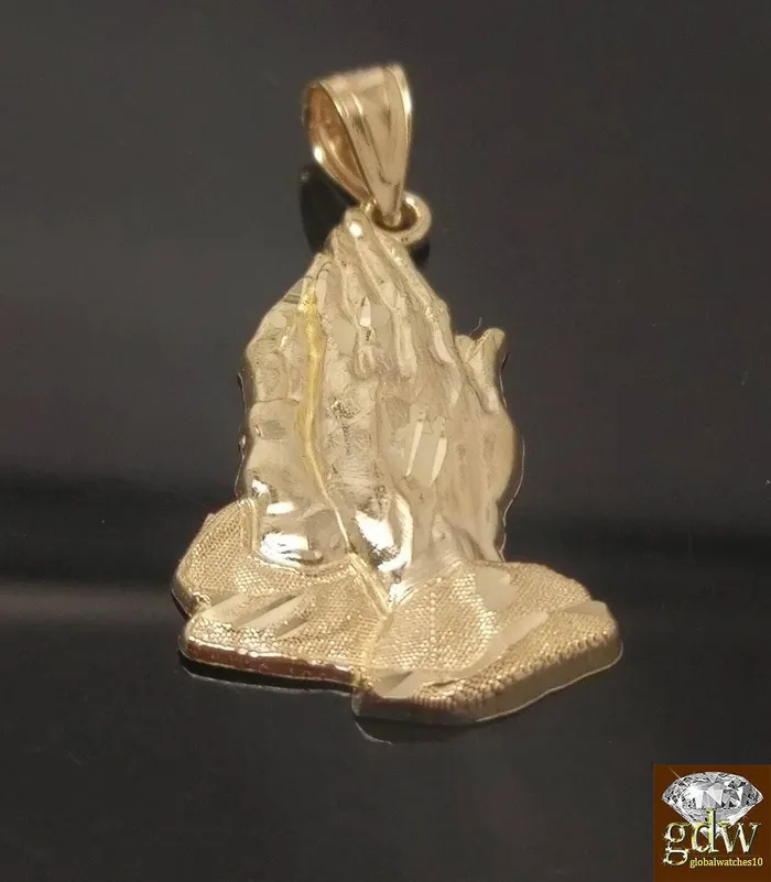 Charm Necklaces Gold and Diamond Real 10k Yellow Gold 4mm 24 Rope Chain Praying Hand Charm Pendent Cross