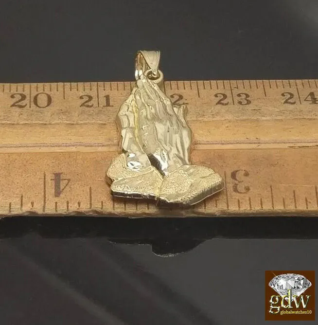 Charm Necklaces Gold and Diamond Real 10k Yellow Gold 4mm 24 Rope Chain Praying Hand Charm Pendent Cross