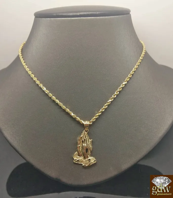 Charm Necklaces Gold and Diamond Real 10k Yellow Gold 4mm 24 Rope Chain Praying Hand Charm Pendent Cross