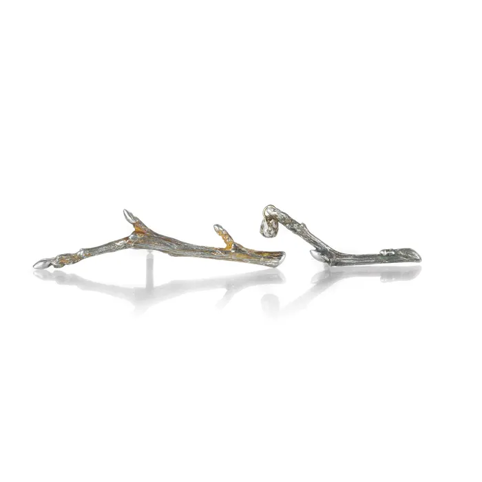 Earrings Gabriella Kiss Silver Branch Studs with One Diamond Drop