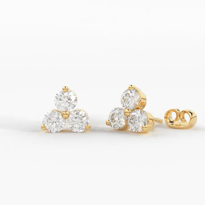 Earrings Jalvi Co 14K Gold Round Cut Diamond Trio Tiny Stud Earrings Simple Three Stone Cluster Earring Tiny Diamond Studs 3 Stone Studs Gift for her