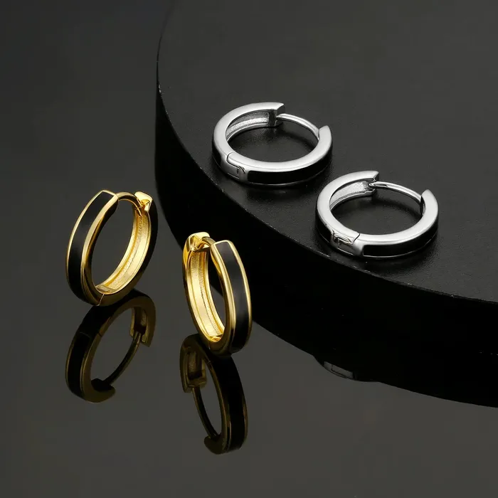 Earrings KRKC S925 Silver Sleek Black Hoop Earrings in 14K Gold 15mm