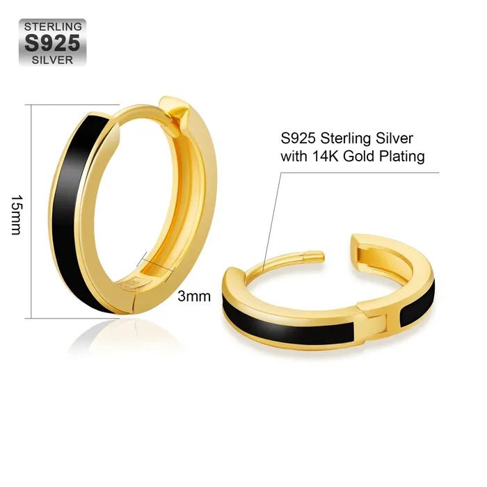 Earrings KRKC S925 Silver Sleek Black Hoop Earrings in 14K Gold 15mm