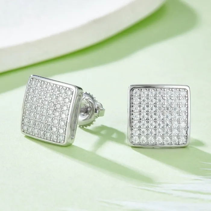 Earrings WuZouLiShiDa S925 Moissanite Diamond Square Stud Earrings in White Gold 10mm