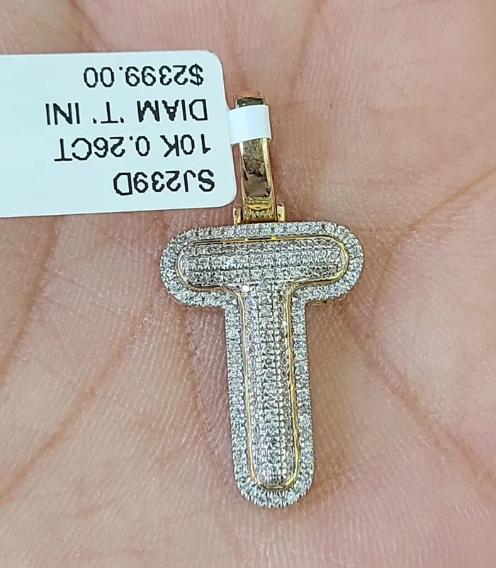 Globalwatches10 Charm Necklaces 10k Yellow Gold Diamond Letter T Initial Alphabet CharmPendant Real Genuine
