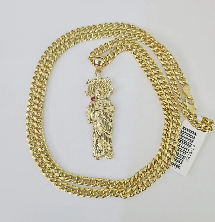 Globalwatches10 Necklaces 10k Miami Cuban Chain Saint Jude Charm Set 4mm 1828 Necklace Yellow Gold Globalwatches10 Necklaces 10k Miami Cuban Chain Saint Jude Charm Set 4mm 1828 Necklace Yellow Gold