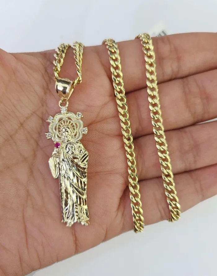 Globalwatches10 Necklaces 10k Miami Cuban Chain Saint Jude Charm Set 4mm 1828 Necklace Yellow Gold