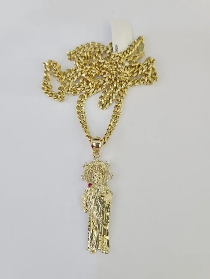 Globalwatches10 Necklaces 10k Miami Cuban Chain Saint Jude Charm Set 4mm 1828 Necklace Yellow Gold