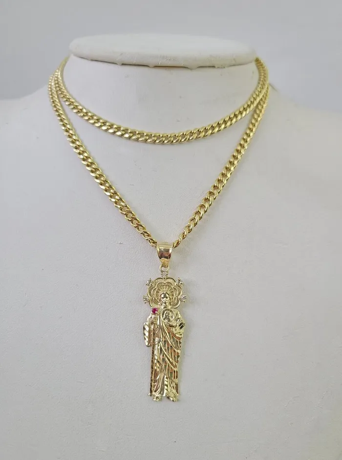 Globalwatches10 Necklaces 10k Miami Cuban Chain Saint Jude Charm Set 4mm 1828 Necklace Yellow Gold