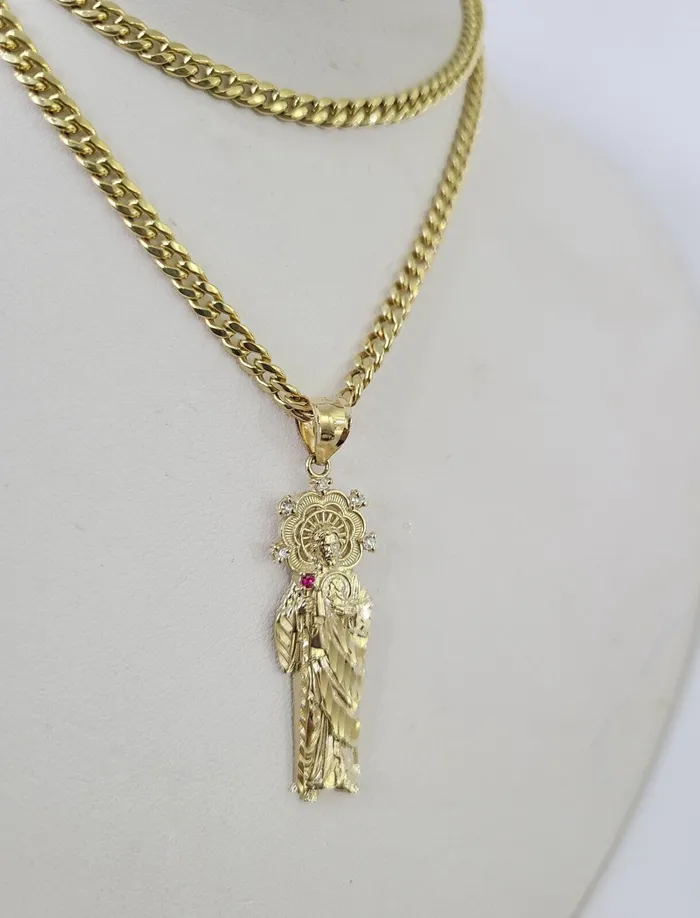Globalwatches10 Necklaces 10k Miami Cuban Chain Saint Jude Charm Set 4mm 1828 Necklace Yellow Gold