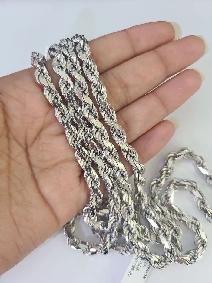 Globalwatches10 Necklaces 10K Rope Chain Real Solid White Gold Necklace 5mm Length 20 22 24 26 28 30