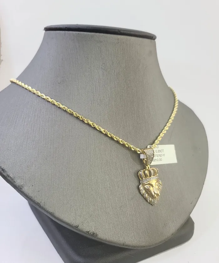 Gold and Diamond Charm Necklaces 10k Gold Lion Head Diamond Charm and 25mm 20 Inches Rope Chain Gold and Diamond Charm Necklaces 10k Gold Lion Head Diamond Charm and 25mm 20 Inches Rope Chain