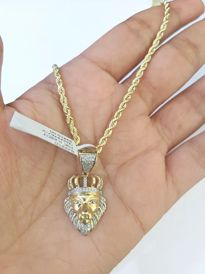 Gold and Diamond Charm Necklaces 10k Gold Lion Head Diamond Charm and 25mm 20 Inches Rope Chain