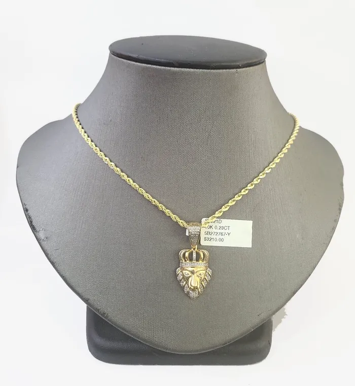 Gold and Diamond Charm Necklaces 10k Gold Lion Head Diamond Charm and 25mm 20 Inches Rope Chain