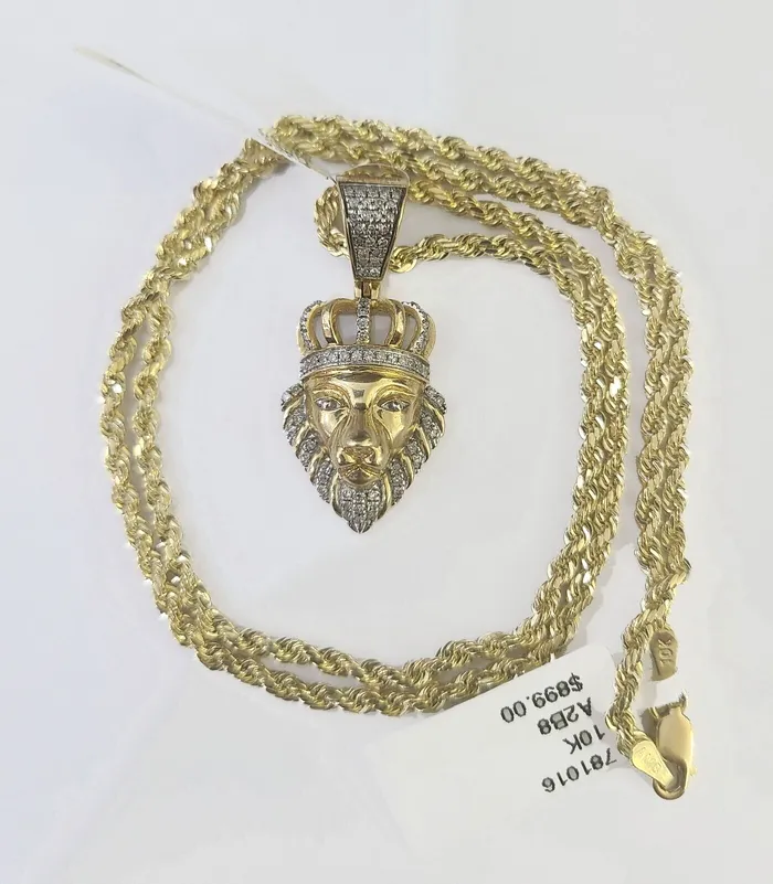 Gold and Diamond Charm Necklaces 10k Gold Lion Head Diamond Charm and 25mm 20 Inches Rope Chain