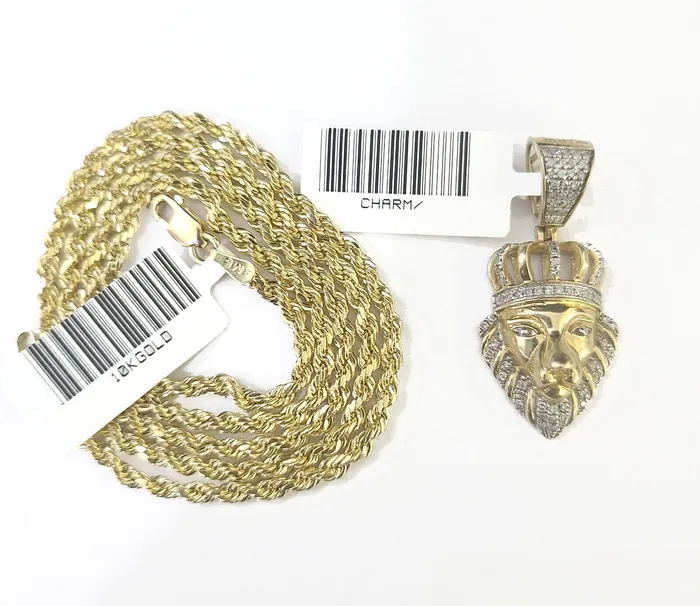 Gold and Diamond Charm Necklaces 10k Gold Lion Head Diamond Charm and 25mm 20 Inches Rope Chain