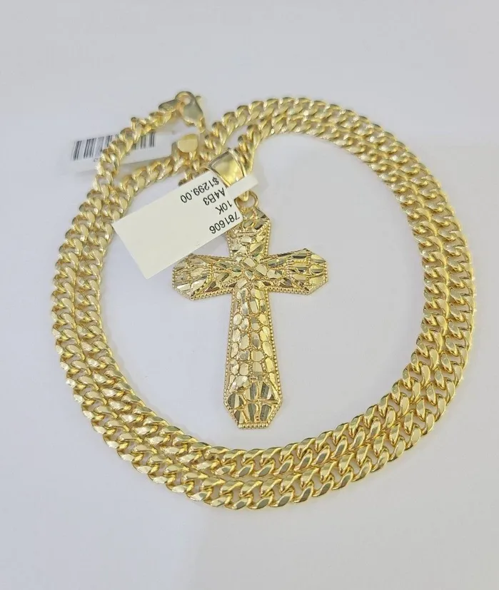 Gold and Diamond Charm Necklaces 10K Gold Miami Cuban Chain Jesus Cross Charm Length 1826 4mm REAL Yellow Gold and Diamond Charm Necklaces 10K Gold Miami Cuban Chain Jesus Cross Charm Length 1826 4mm REAL Yellow