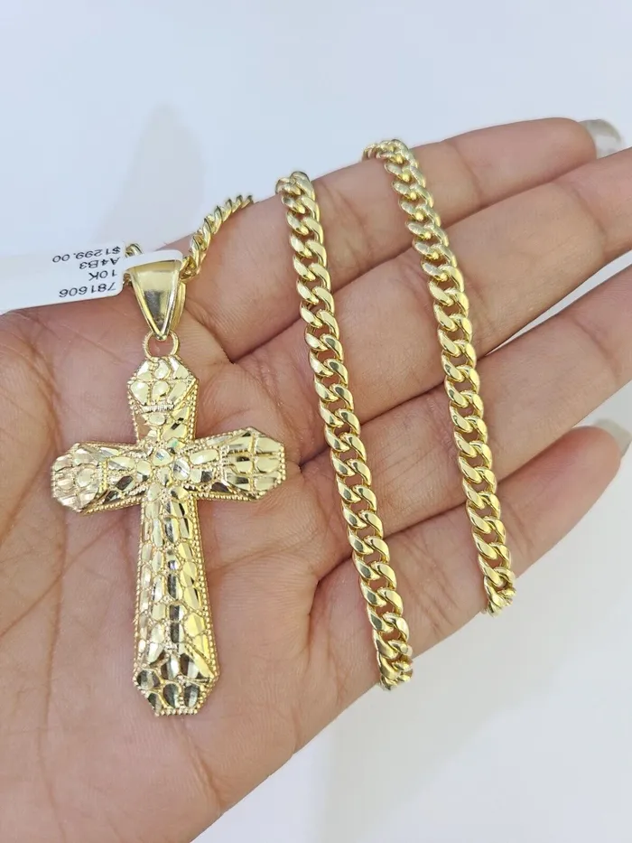 Gold and Diamond Charm Necklaces 10K Gold Miami Cuban Chain Jesus Cross Charm Length 1826 4mm REAL Yellow