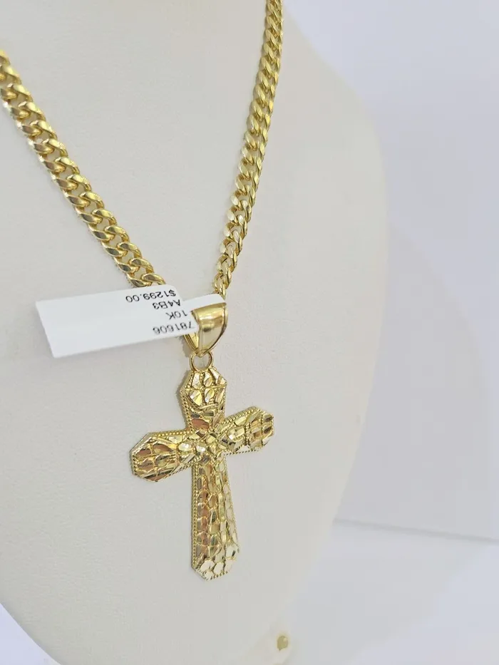 Gold and Diamond Charm Necklaces 10K Gold Miami Cuban Chain Jesus Cross Charm Length 1826 4mm REAL Yellow