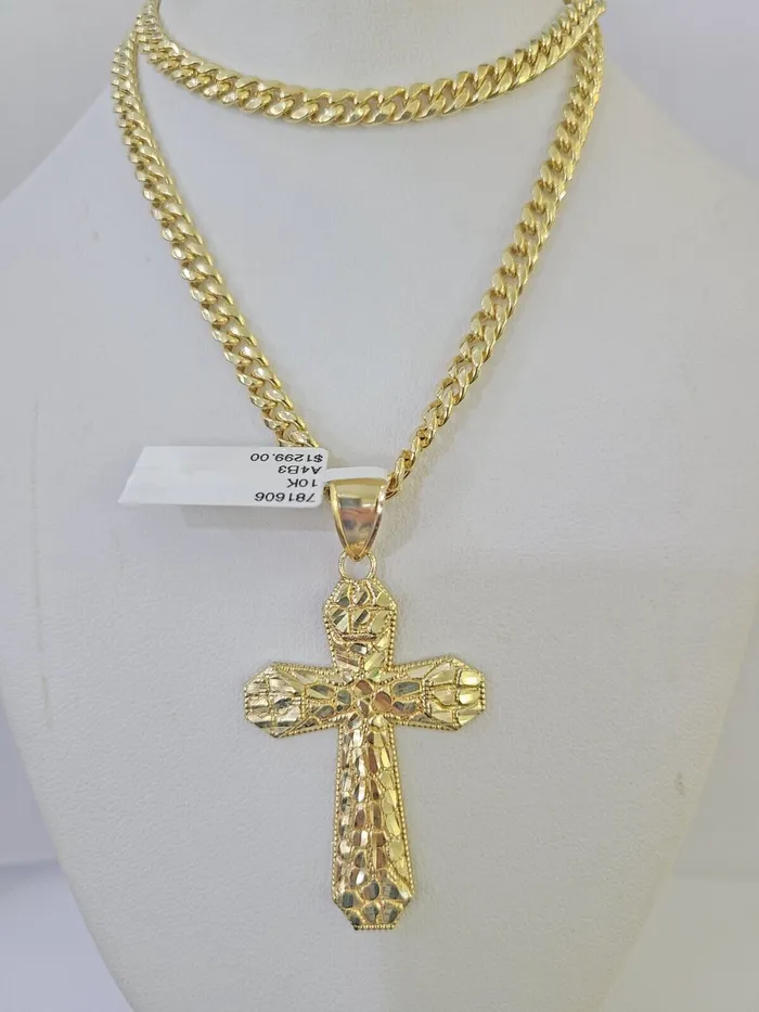 Gold and Diamond Charm Necklaces 10K Gold Miami Cuban Chain Jesus Cross Charm Length 1826 4mm REAL Yellow