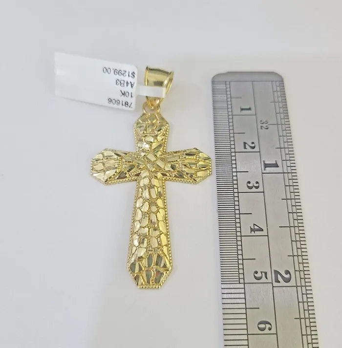 Gold and Diamond Charm Necklaces 10K Gold Miami Cuban Chain Jesus Cross Charm Length 1826 4mm REAL Yellow