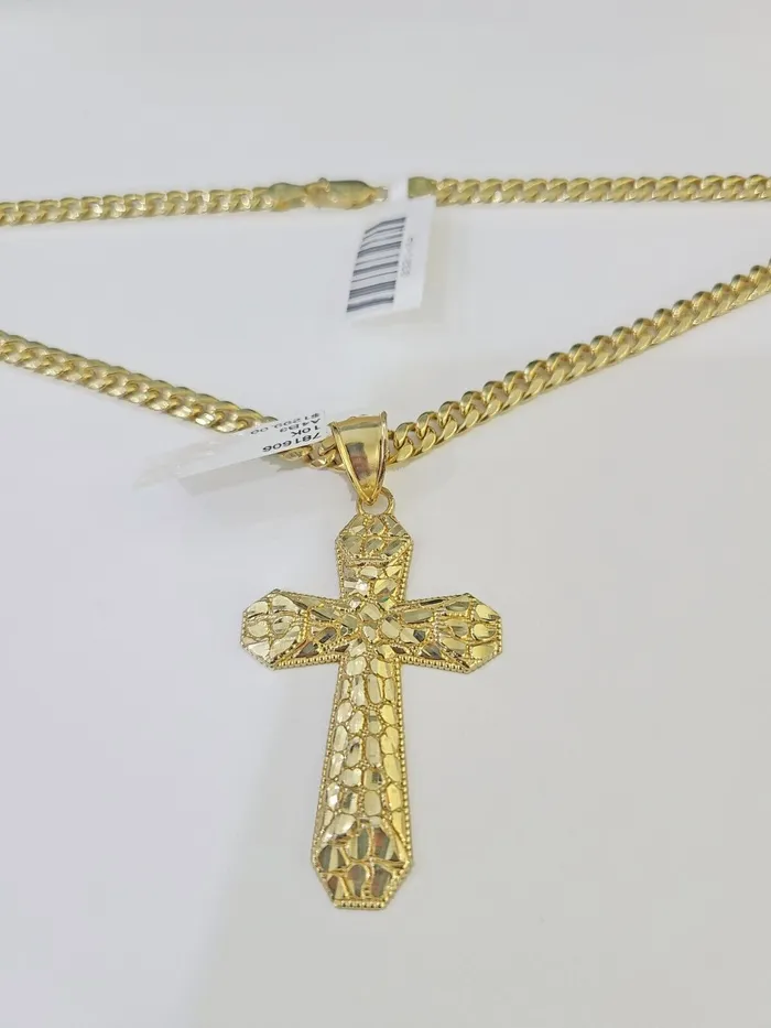 Gold and Diamond Charm Necklaces 10K Gold Miami Cuban Chain Jesus Cross Charm Length 1826 4mm REAL Yellow