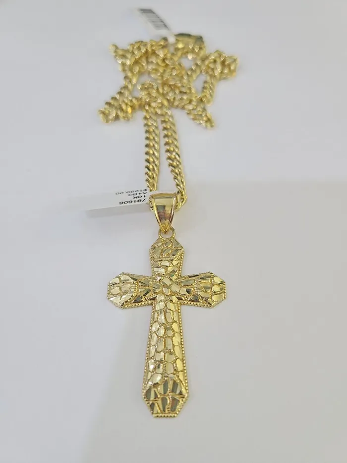 Gold and Diamond Charm Necklaces 10K Gold Miami Cuban Chain Jesus Cross Charm Length 1826 4mm REAL Yellow
