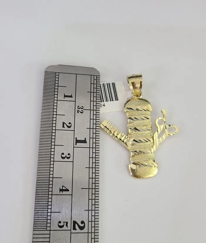 Gold and Diamond Charm Necklaces Real 10k Barber Scissors Comb Charm Pendant Yellow Gold Diamond Cut Salon