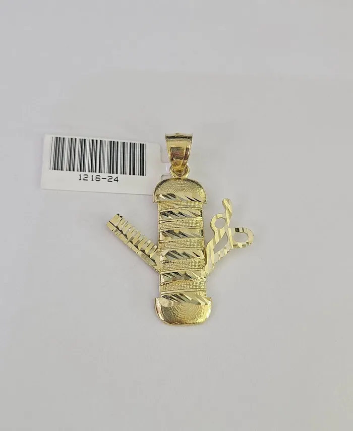 Gold and Diamond Charm Necklaces Real 10k Barber Scissors Comb Charm Pendant Yellow Gold Diamond Cut Salon