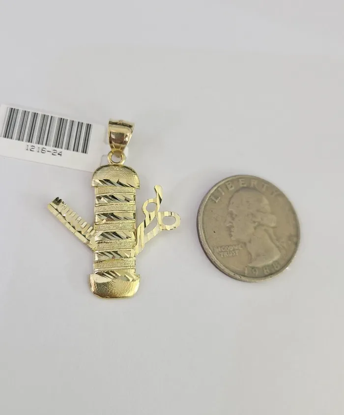 Gold and Diamond Charm Necklaces Real 10k Barber Scissors Comb Charm Pendant Yellow Gold Diamond Cut Salon
